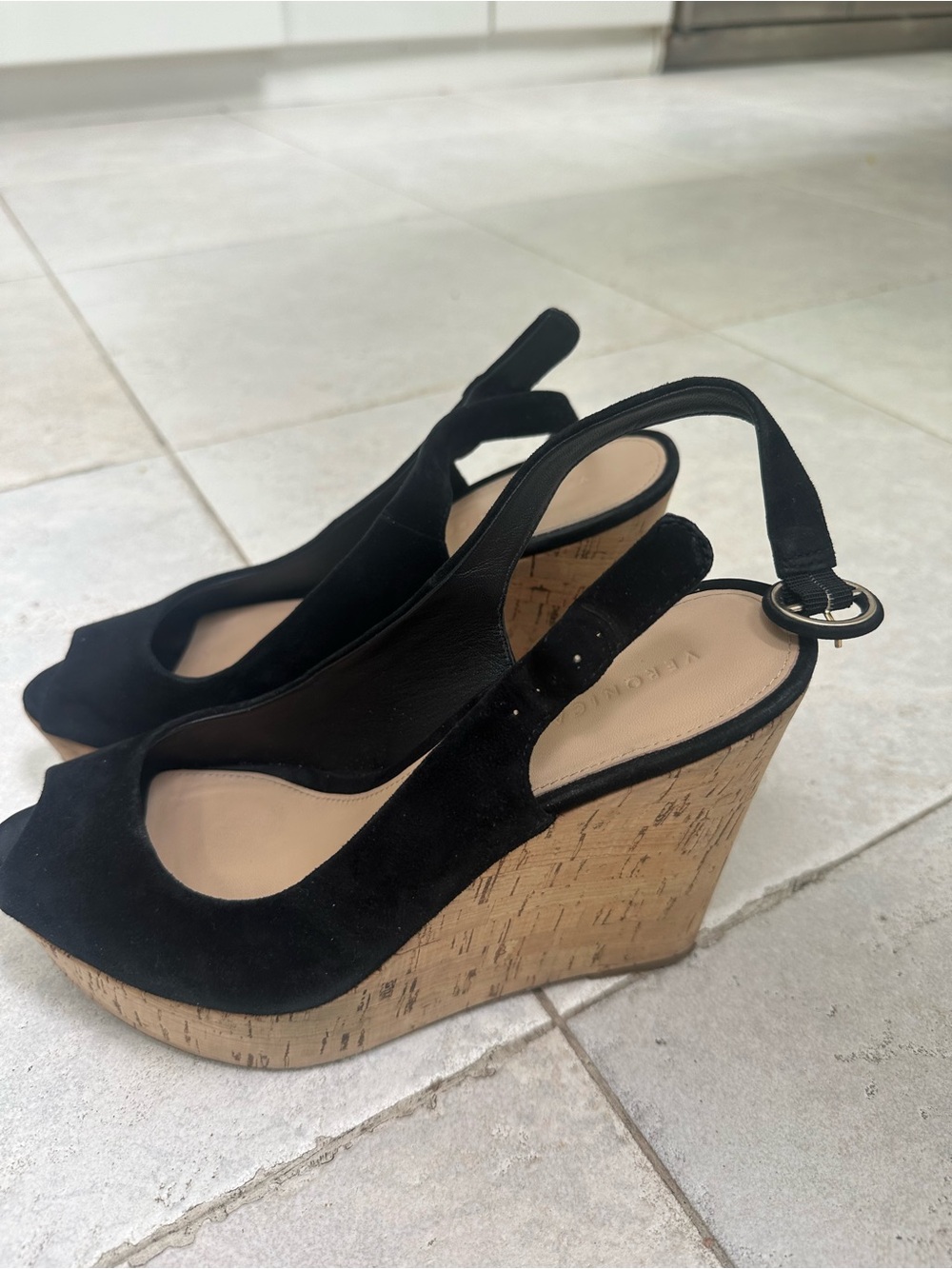 Veronica Beard Black Suede Cork Wedge Slingbacks